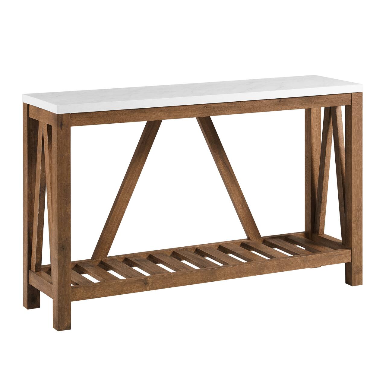 Walker Edison Faux White Marble/Walnut Rustic A-Frame Entry Table